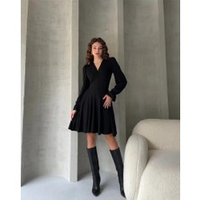 Fav Style Kadın V Yaka Düğme Detaylı Uzun Kollu Mini Elbise
