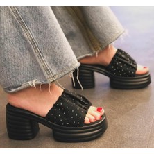 Bags Shoes Guja 24Y427-1 Kadın Kalın Topuklu Platform Taban Taşlı Terlik
