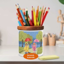 Yağmur Altında Çocuklar Ahşaplı Seramik Kalemlik - Family_v15
