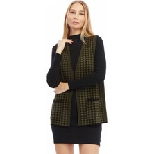 Moda Semin Kadın Kazayağı Desen Triko Çift Cepli Yelek