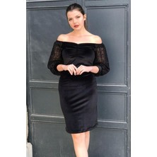 Kolu Dantelli Büzgü Detaylı Asimetrik Yaka Elbise