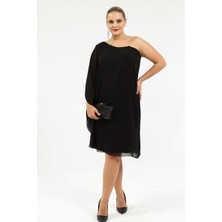 Tek Omuz Taş Askılı Büyük Beden Abiye Elbise 6060K Siyah