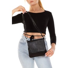 Unisex Hakiki Deri Siyah Uzun Askılı Mini Postacı-Çapraz-Omuz Çanta