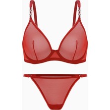 Wonna Fashion 2565 Kırmızı Tül Aksesuar Detaylı Kapsız Sütyen ve Külot Takımı