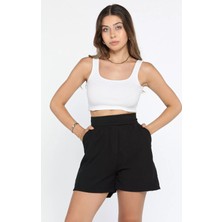 Yüksek Bel Pileli Cırtlı Kadın Cepli Şort P-00011938