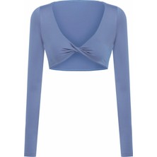 Aquella Ava Dönmeli Uzun Kol Indigo Crop-Top