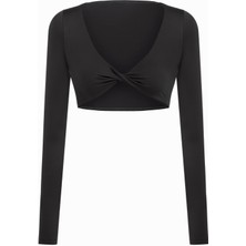 Ava Dönmeli Uzun Kol Siyah Crop-Top