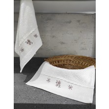 %100 Pamuk & Nakışlı Havlu Takımı - 2'li Dantelli Havlu Seti - 40X60 cm - Ekru
