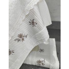%100 Pamuk & Nakışlı Havlu Takımı - 2'li Dantelli Havlu Seti - 40X60 cm - Ekru