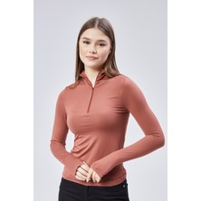 Kiremit Fermuarlı Fitted Uzun Kollu Bluz T-Shirt