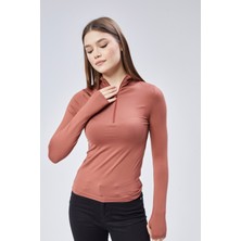Kiremit Fermuarlı Fitted Uzun Kollu Bluz T-Shirt