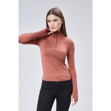 Kiremit Fermuarlı Fitted Uzun Kollu Bluz T-Shirt