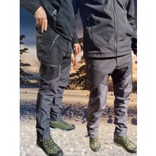 Snowmount Erkek Siyah Antrasit Su İtici Rüzgar Geçirmez Outdoor Kışlık Softshell Paça Fermuarsız Pantolon