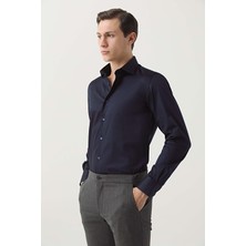D'S Damat Ds Damat Slim Fit Lacivert Düz Pamuk Saten Gömlek 3HE02DY05006M
