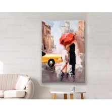 Kırmızı Şemsiye Altında Romantik Sevgililer Sarı Arabalı Kanvas Tablo 50X70 cm