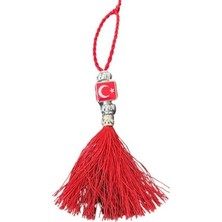 Püsküllü Türkiye Bayrak Armalı Kırmızı Dikiz Ayna Süsü - Püsküllü Türkiye Bayrak - Tr Ayna Süsü