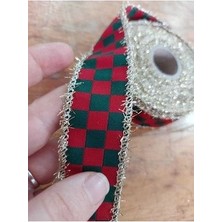 Simli Damalı Kurdele Kırmızı Yeşil (3 cm x 10 Mt), Kurdele, Yılbaşı, Damalı
