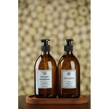 Amentes Oval Ahşap Stantlı 2'li Amber Cam Sıvı Sabun Bulaşık Deterjanı Şişesi Sabunluk 500ML