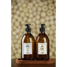 Amentes Oval Ahşap Stantlı 2'li Amber Cam Sıvı Sabun Bulaşık Deterjanı Şişesi Sabunluk 500ML