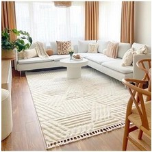 Aatoliarugs Lopin Krem Halı İskandinav Tarz Halı Kabartmalı Saçaklı Dokuma Halı Salon Halısı Oturma Odası Mutfak ve Koridor Halısı