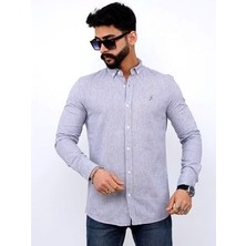 Erkek Nakış Detaylı Keten Gömlek-Gri HMD0003