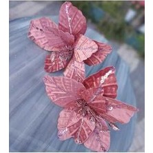 Kadife Pullu Pembe Yılbaşı Ağaç Çiçeği 2ADET, Yapay Çiçek, Noel, Ağaç Süsü, Yılbaşı Süsü,