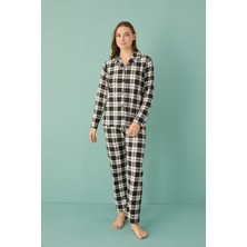 Kadın 20501-582 Uzun Kol Önü Düğmeli Süet Pijama Takımı Siyah-Beyaz