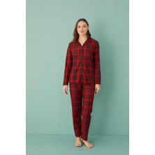 Kadın 20501-321 Uzun Kol Boydan Düğmeli Süet Pijama Takımı Kırmızı-Siyah
