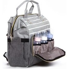Gri Çizgili Anne Bebek Bakım Sırt Çantası Biberon Termoslu Sıvı Geçirmez Askı Aparatlı