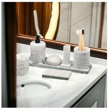 7'li Mermer Desenli Banyo Seti, Sıvı Sabunluk Diş Fırçalığı,tepsili,mmumluklu Beton Aksesuar Takımı