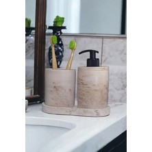 3'lü Bej Mermer Serisi Banyo Seti, Sıvı Sabunluk Diş Fırçalığı Beton Aksesuar Takımı