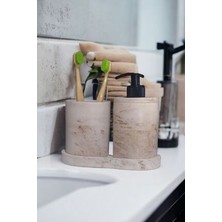 3'lü Bej Mermer Serisi Banyo Seti, Sıvı Sabunluk Diş Fırçalığı Beton Aksesuar Takımı