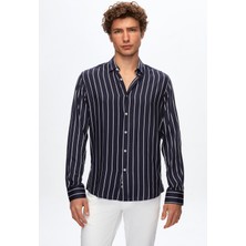 Twn Slim Fit Lacivert Çizgi Baskılı Gömlek 4EC02SN042591