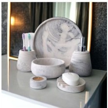 6'lı Mermer Desen Beton Banyo Seti, Sıvı Sabunluk Diş Fırçalığı Aksesuar Takımı