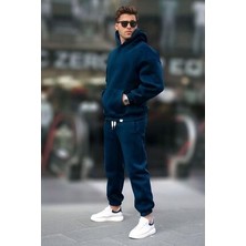 Yakamel Erkek Lacivert Kapşonlu Eşofman Takımı 3 Iplik Şardonlu Yüksek Bel Lastikli Paça Oversize Kesim