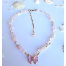 Pembe Kuvars ve Gerçek Incili Kelebek Uçlu Tasarım Kolye