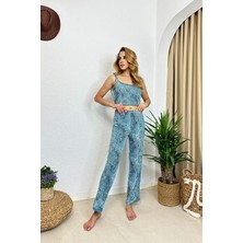 Kadın Mavi Leoar Baskılı Atlet Pantalon Takım Pijama