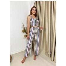 Kadın Lila Çizgili Yumuşak Kumaş Bağcıklı Pijama Takımı