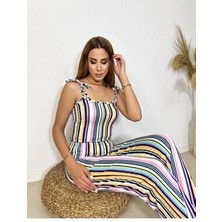 Kadın Lila Çizgili Yumuşak Kumaş Bağcıklı Pijama Takımı