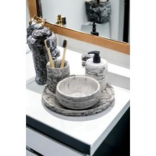 Mermer Desenli 4'lü Banyo Seti, Sıvı Sabunluk Diş Fırçalığı Beton Aksesuar Takım