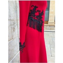 Dantelli + Püsküllü Kırmızı Abiye