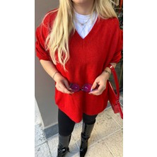 glam Kırmızı V Yaka Oversize Kazak
