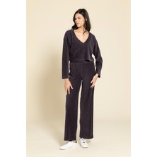 Kadife Kumaş V Yaka Crop Antrasit Jogger Takım