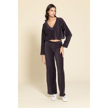Kadife Kumaş V Yaka Crop Antrasit Jogger Takım