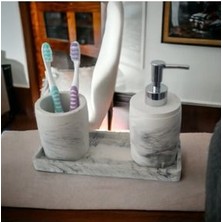 Marble 3'lü Banyo Seti, Sıvı Sabunluk Diş Fırçalığı Beton Aksesuar Takım