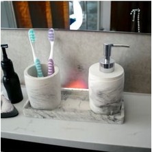 Marble 3'lü Banyo Seti, Sıvı Sabunluk Diş Fırçalığı Beton Aksesuar Takım