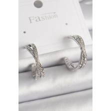 Ezo Concept Pirinç Gümüş Renk Zirkon Taşlı Sarmal Halka Model Kadın Küpe