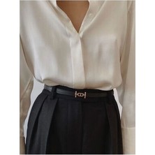 Esilanna Kadın Kemer, Gold Tokalı İnce Siyah Suni Deri, Günlük ve Özel Kullanım İçin Uygun