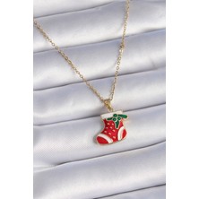 Ezo Concept 316L Çelik Gold Renk Zincir Yılbaşı Temalı Kırmızı Noel Çorabı Figür Kadın Kolye