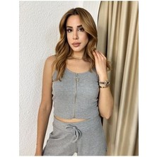 Kadın Gri Melanj Fermuarlı Kaşkorse Crop
